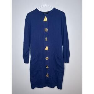 1980s Andrea Jovine Navy Nautical Sailor Anchor Coastal New England Midi Dress M